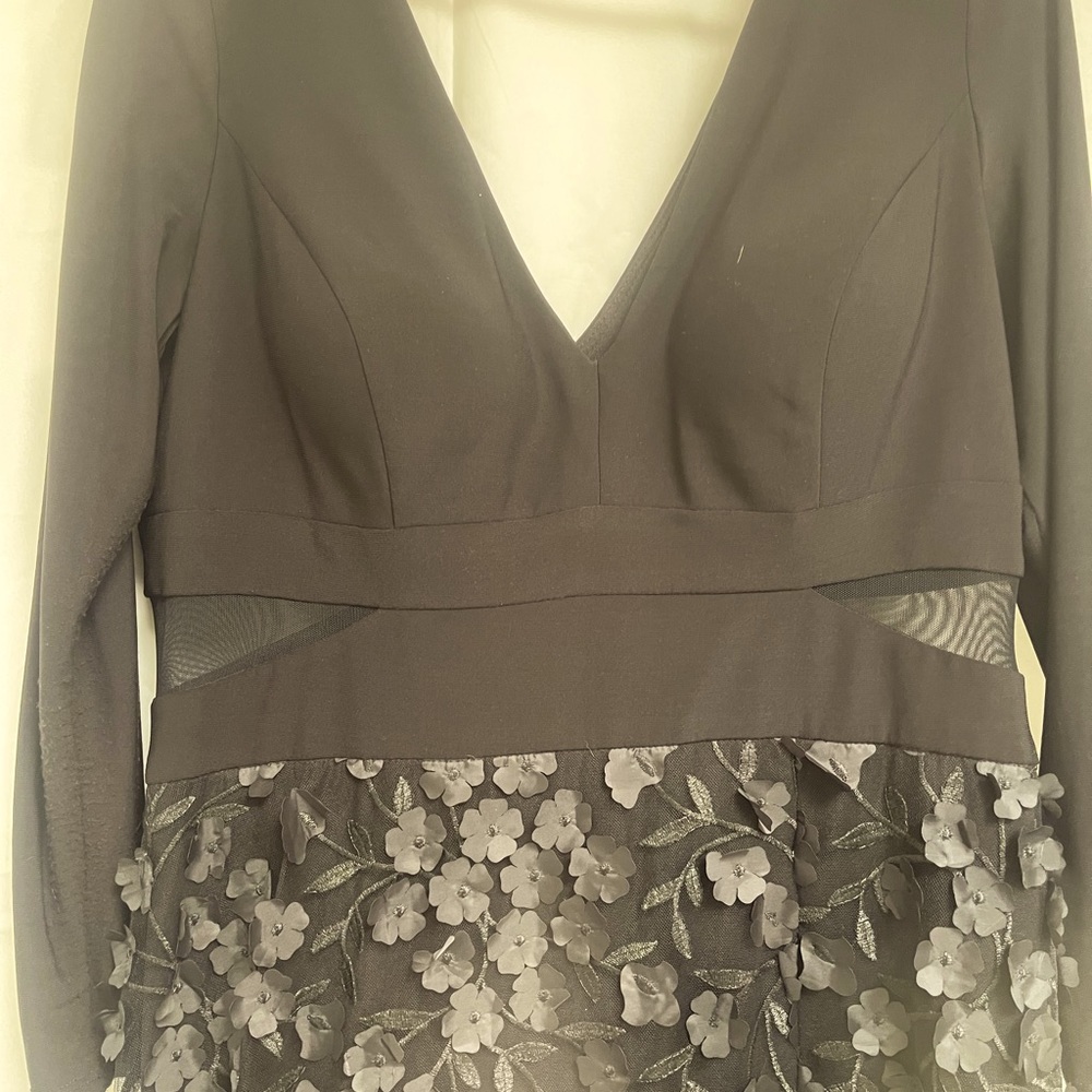 Black Long Sleeved Xscape Floral Appliqué Gown